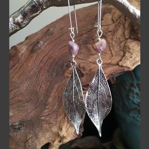 Natural Amethyst Silver Leaf Dangle Earrings